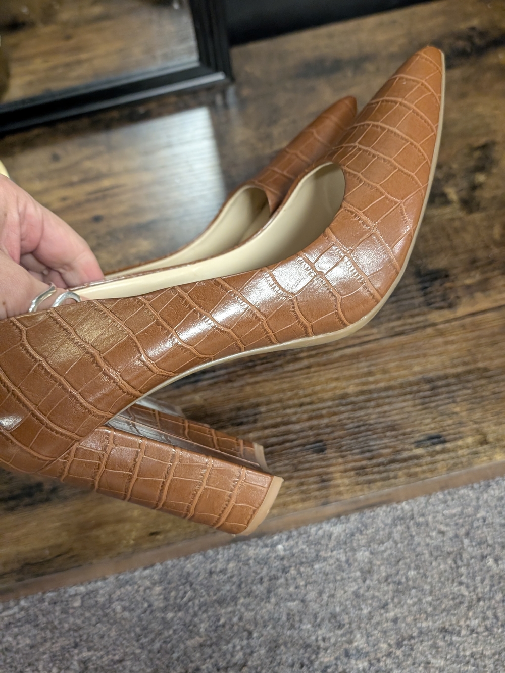 Nine West Brown Croc-Embossed Pointed Toe Pumps - Picture 3 of 11